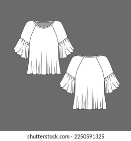 Raglan Ruffles Sleeve Top Crew Neck Ruffle Fashion Clothing flat sketch template design vector