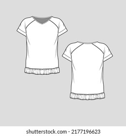 Raglan shirred hem Top V Neck Raglan short Sleeve gathering ruched hem  t shirt blouse flat sketch technical drawing template design vector
