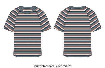 Raglan Short sleeve t shirt with all over horizontal striped vector illustration template front and back views isolated on white background