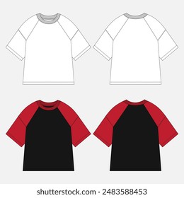 Raglan Short sleeve t shirt technical drawing fashion flat sketch vector illustration template front and back views