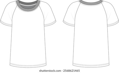 Raglan short sleeve T-shirt fashion flat sketch, frontal and back view. Technical fashion illustration in editable vector.