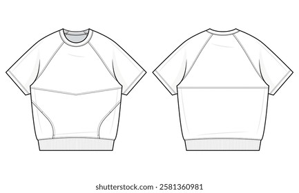 Raglan Short-Sleeve Sweatshirt Technical Fashion Illustration. Relaxed-Fit Pullover tee with front Kangaroo Pocket Vector Template. Front and back view. Casual Athleisurewear. Unisex. CAD Mockup Set.