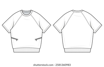 Raglan Short-Sleeve Sweatshirt Technical Fashion Illustration. Relaxed-Fit Pullover tee with front zipper Pockets Vector Template. Front and back view. Casual Athleisurewear. Unisex. CAD Mockup Set.