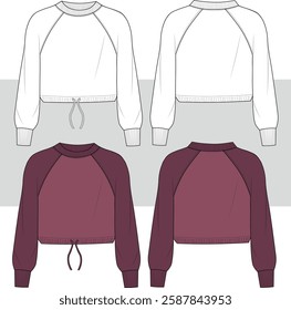 Raglan sleeve cropped sweatshirt with rib cuff flat sketch fashion illustration. long sleeve with drawstring adjustable hem, front and back view. cad, mockup.