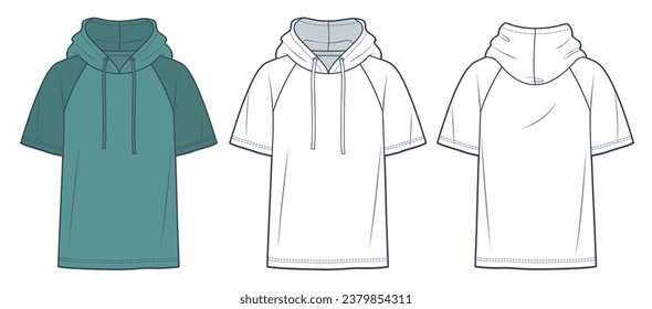 Raglan Sleeve Hoodie fashion flat technical drawing template. Tee Shirt technical fashion Illustration, overfit, short sleeve, front, back view, white, green color, women, men, unisex CAD mockup set.