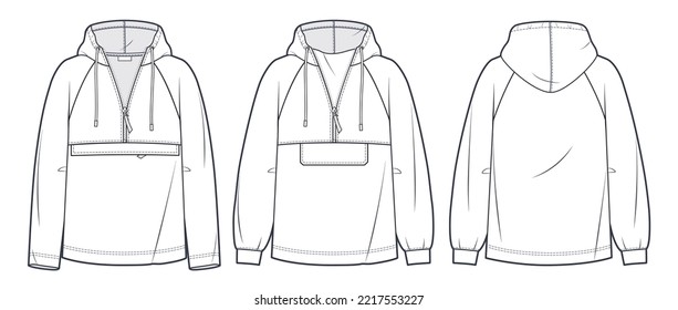 Raglan Sleeve Hoodie technical fashion illustration. Oversize Sweatshirt, Anorak fashion flat technical drawing template, zip-up, pocket, front and back view, white, women, men, unisex cad mockup set.