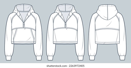 Raglan sleeve Hoodie technical fashion illustration  Hooded Sweatshirt fashion flat technical drawing template  cropped  zip  up  raw  oversize  front  back view  white  women  men  unisex CAD mockup 