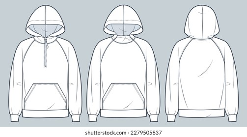 Raglan Sleeve Hoodie technical fashion illustration. Hooded Sweatshirt fashion flat technical drawing template, pocket, zip-up, front and back view, white, women, men, unisex CAD mockup set.