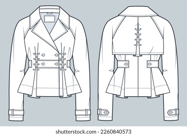Raglan Sleeve Jacket technical fashion Illustration  Cropped Trench Coat fashion flat technical drawing template  front   back view  lace  up  white  women  men  unisex CAD mockup 