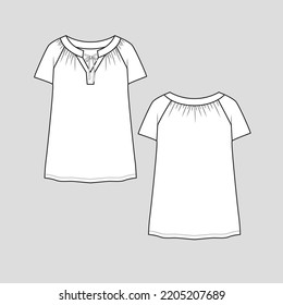 Raglan Sleeve knotted Fashion flats t shirt top fashion neck detail flat sketch technical drawing template