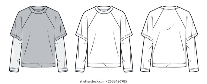 Raglan Sleeve Layered T-Shirt Technical Fashion Illustration. Tee Shirt fashion flat technical drawing template, round neck, front and back view, white, grey, women, men, unisex Top CAD mockup.