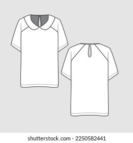 Raglan Sleeve Peter Pan Collar Top Keyhole back Short Sleeve Fashion Clothing flat sketch template
