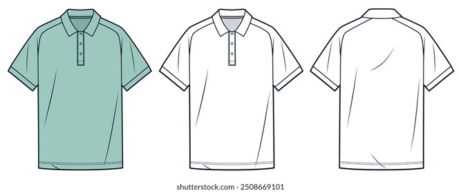 Ilustración de moda técnica de camisa de polo de manga raglán. Golf Polo Shirt Plantilla plana técnica de dibujo, ajuste relajado, vista frontal y posterior, blanco, verde, mujeres, hombres, unisex CAD maqueta conjunto.