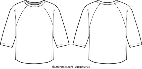 Raglan sleeve shirt tee technical drawing illustration short sleeve blank streetwear mock-up template for design and tech packs.