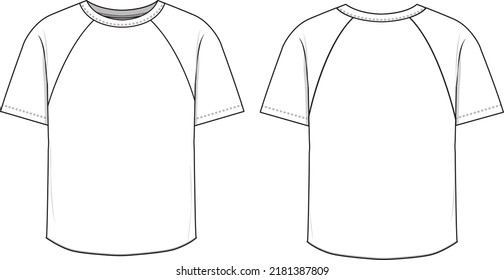 Raglan sleeve shirt tee ilustración técnica de dibujo de manga corta plantilla de maquillaje calle en blanco para diseños y paquetes de tecnología.