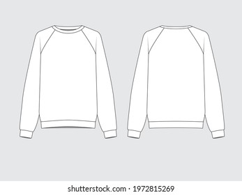 raglan sleeve sweater, front and back. Flat technical sketch drawing of garments, vector illustration.