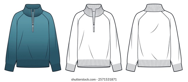 Raglan Sleeve Sweater technical fashion illustration. Half Zip Sweater fashion flat technical drawing template, roll neck, relaxed fit, front back view, white, blue, women, men, unisex CAD mockup set.