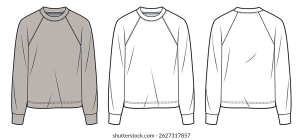 Raglan Sleeve Sweatshirt Fashion Flat Sketch. Long Sleeve Shirt fashion flat technical drawing template, round neck, front and back view, white, brown, women, men, unisex Top CAD mockup set.