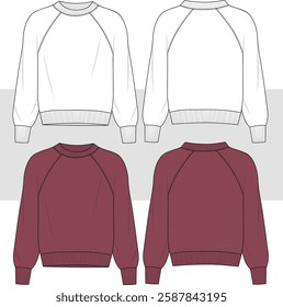 Raglan sleeve sweatshirt with rib cuff flat sketch fashion illustration. front and back view. cad, mockup.