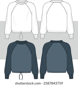 Raglan sleeve sweatshirt with rib cuff flat sketch fashion illustration. long sleeve with drawstring adjustable hem, front and back view. cad, mockup.