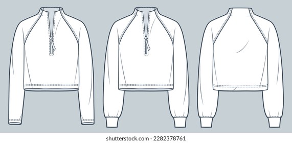 Raglan Sleeve Sweatshirt ilustración técnica de moda. Moda de camiseta recortada plantilla de dibujo técnico plano, cremallera, vista frontal y trasera, blanco, mujeres, hombres, conjunto de maquillaje CAD unisex.