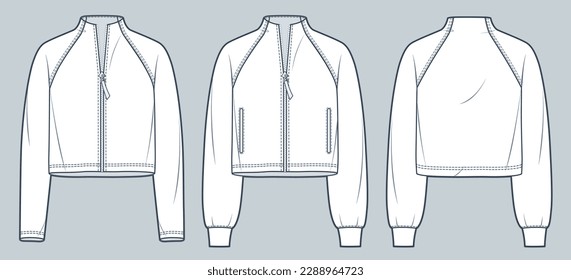Raglan Sleeve Sweatshirt technical fashion illustration. Cropped Shirt fashion flat technical drawing template, zip-up, pocket, front and back view, white, women, men, unisex mockup set.