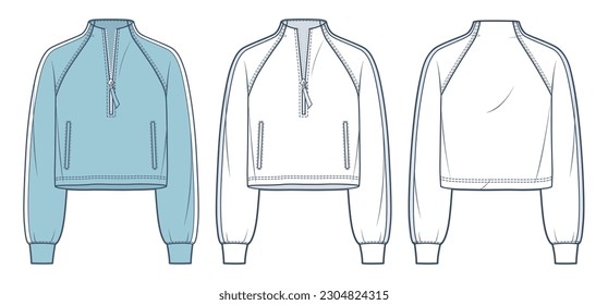 Raglan Sleeve Sweatshirt ilustración técnica de moda, diseño azul. Plantilla técnica de dibujo de la moda de Crop de corte a rayas, cremallera, vista frontal y trasera, blanco, mujeres, hombres, conjunto de maquillaje CAD unisex.