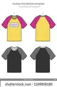 Raglan sleeve Tee shirt fashion flat technical drawing template