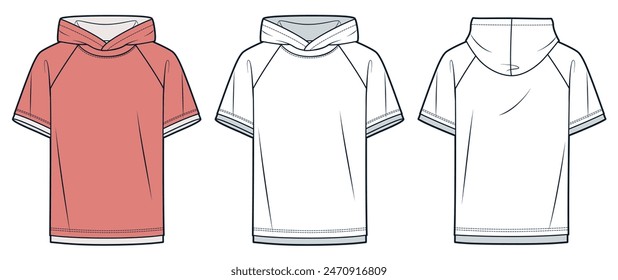 Raglan Sleeve Tee Shirt fashion flat technical drawing template. Hooded T-Shirt technical fashion Illustration, relaxed fit, front and back view, white, peach color, women, men, unisex CAD mockup set.