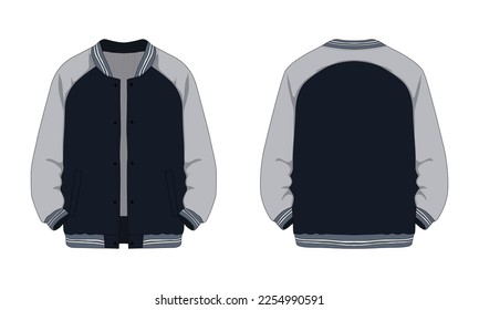 Raglan sleeve varsity jacket front and back. Sports jackets, baseball jackets. Vector illustration