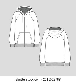 Raglan Sleeve Zipper Hoodie boxy fit Kangaroo Pocket ribbed hem Fashion technical drawing flat sketch design template