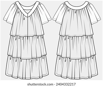 RAGLAN SLEEVES CHIFFFON DRESS WITH TIERED LAYERS DETAIL DESIGNED FOR TEEN AND KID GIRLS IN VECTOR ILLUSTRATION FILE