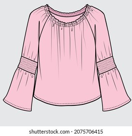 RAGLAN SLEEVES SMOCKED WOVEN TOP FOR TEEN GIRLS AND KID GIRLS IN EDITABLE VECTOR FILE