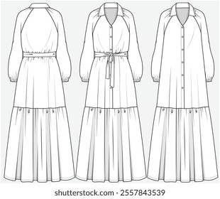 RAGLAN SLEEVES TIERED DRESS WITH BELT DETAIL DESIGNED FOR YOUNG WOMEN AND WOMEN IN VECTOR FILE