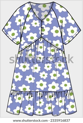 RAGLAN SLEEVES V NECK FRONT OPEN FLORAL TIERED DRESS DESIGNED FOR TEEN AND KID GIRLS IN EDITABLE VECTOR FILE