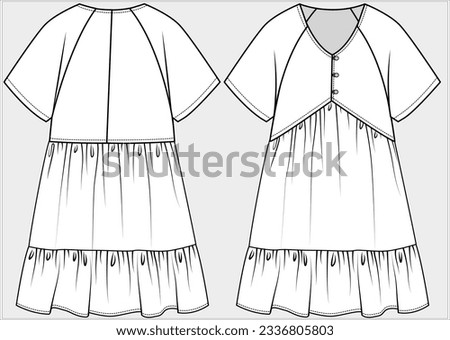 RAGLAN SLEEVES V NECK FRONT OPEN FLORAL TIERED DRESS DESIGNED FOR TEEN AND KID GIRLS IN EDITABLE VECTOR FILE