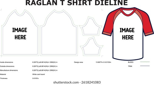 Raglan t shirt dieline template apparel design technical drawing for fashion production and garment industry mockup blueprint with dimensions