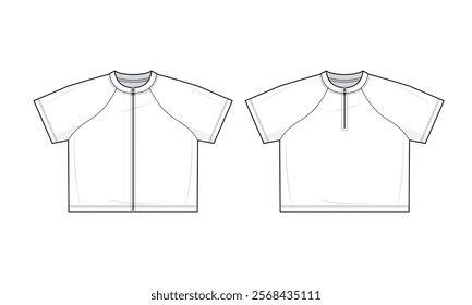 Raglan T-shirt flat technical fashion illustration. Raglan Tee with full and quarter zip front closure vector template illustration. front view. regular fit. drop shoulder. unisex. white. CAD mockup.