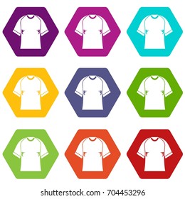 Raglan tshirt icon set many color hexahedron isolated on white vector illustration