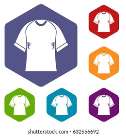 Raglan tshirt icons set hexagon isolated vector illustration