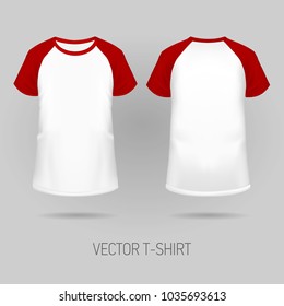 Raglan t-shirt with red short sleeve in front and back views, realistic gradient mesh vetor.