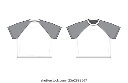 Raglan T-Shirt Technical Fashion Illustration. T-shirt vector template illustration. Front and back view. Contrast raglan sleeves. Unisex. Oversized. White and gray color. CAD mockup.