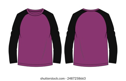 Raglan Two tone color Long sleeve T shirt tops technical drawing fashion flat sketch vector illustration template front and back views. Apparel clothing design mock up cad for women's.