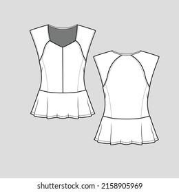 Raglan vest Fashion top fancy neck peplum ruffle detail waist top tunic dress flat sketch technical drawing template design vector