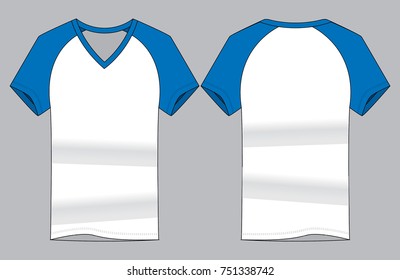 Raglan V-Neck Shirt Design With White/Blue Colors Vector.Front And Back View.