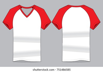 Raglan V-Neck Shirt Design With White/Red Vector.Front And Back View.