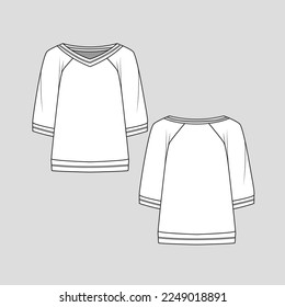 Raglan Wide V Neck Fashion top Tipping Neck raglan elbow Sleeve clothing fashion flat sketch technical drawing template design vector