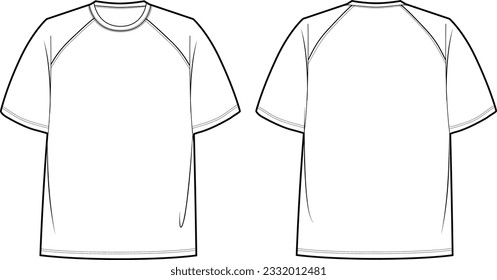 Camiseta de manga corta de Ragland. Prendas planas, ilustración plana de moda de camisetas. vista frontal y trasera, color blanco, unisex, juego de simulación CAD.