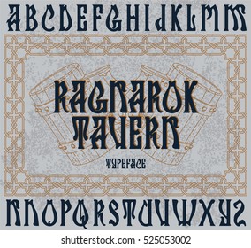 "Ragnarok tavern" - typeface design. Medieval style font with vintage beer mugs illustration. Pub sign, t-shirt print, beer label.