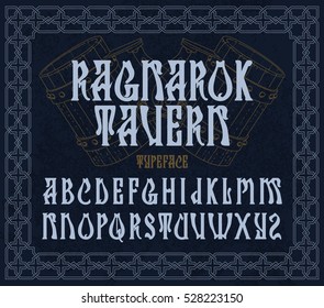 "Ragnarok tavern" - typeface design. Medieval style font with vintage beer mugs illustration. Pub sign, t-shirt print, beer label.